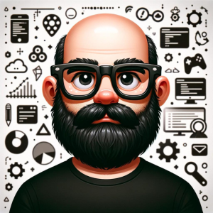 Cartoon image off Erik, geek IT Manager with a beard and glasses.